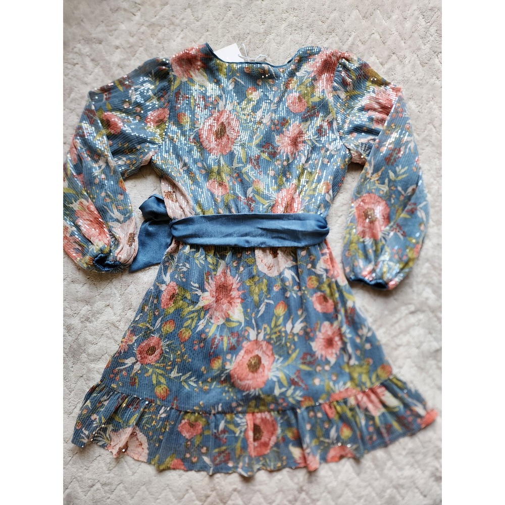 LC Lauren Conrad Floral Sequin Faux Wrap Mini Dress Blue Womens Large - Picture 2 of 7